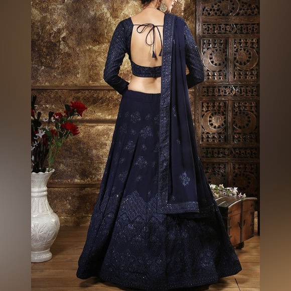 🐘 Embroidered Georgette Lehenga in Navy Blue - Picture 13 of 16